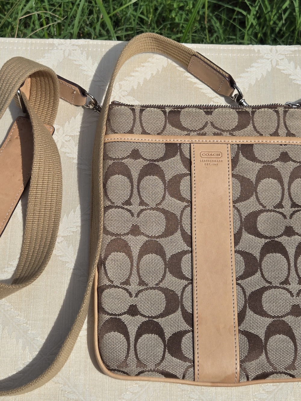 Coach Brown Signature Canvas Crossbody with Tan Leather Trim